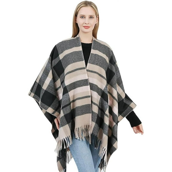 ZhangBaoLin Women Shawl Wrap Cardigan Plaid Poncho Cape Tassels Open Front Long Blanket Winter Sweater Coat