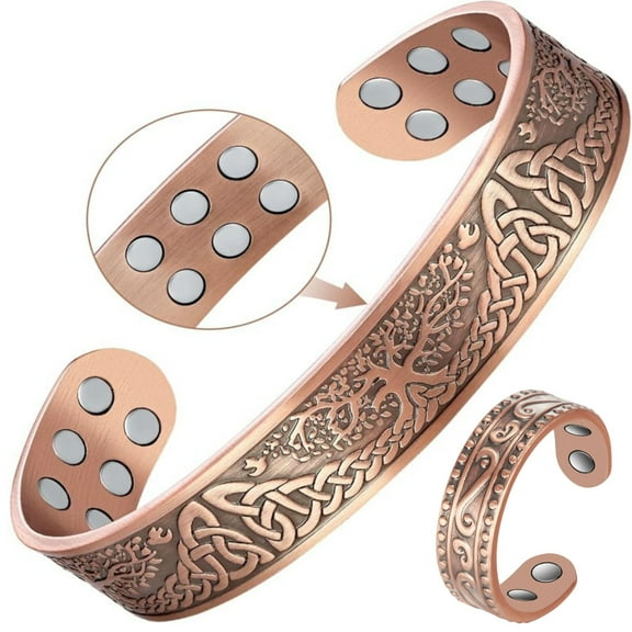 Wollet Copper Magnetic Bracelet Ring for Women Men Pure Copper Cuff Jewelry Set of 2