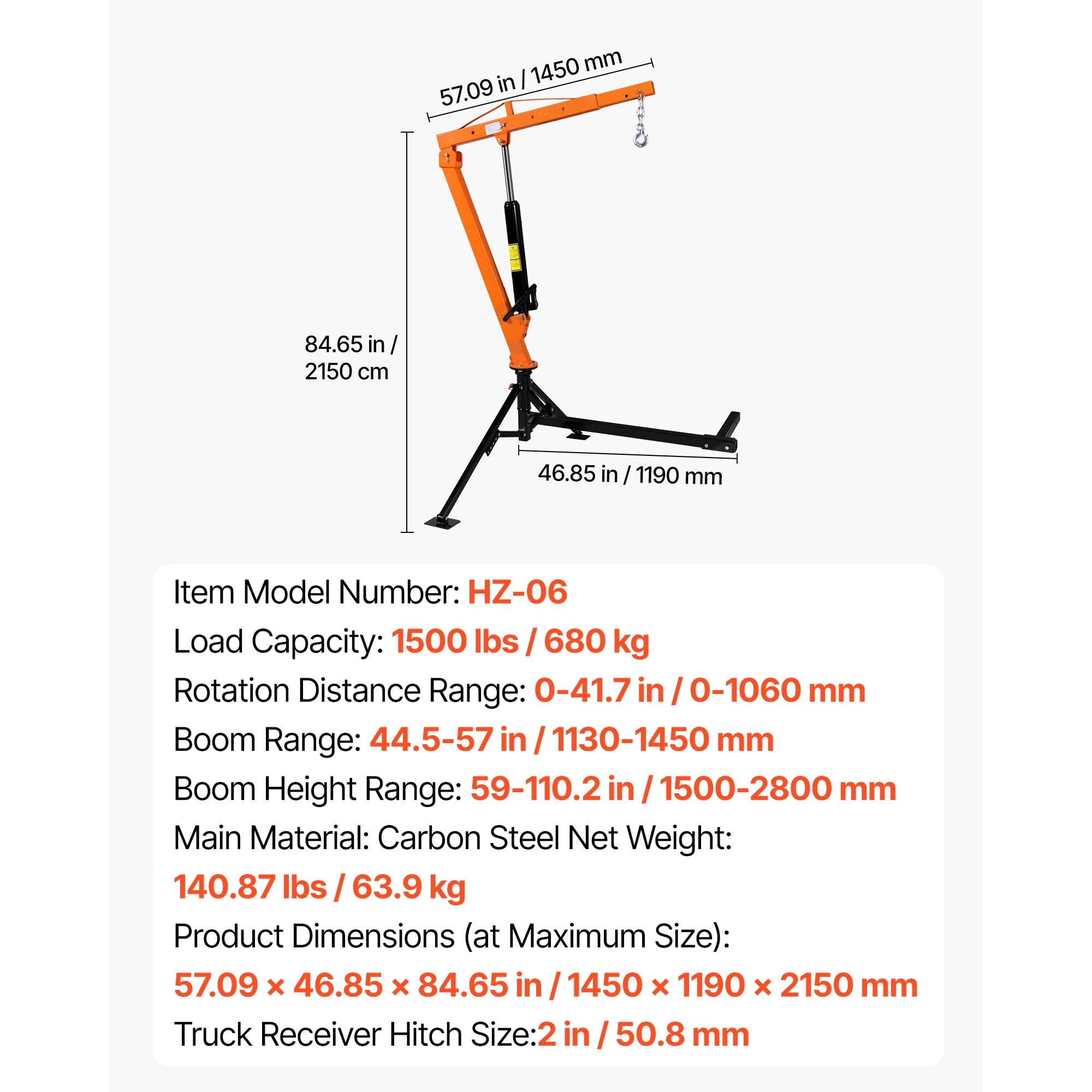 KFFKFF Truck Crane, 1500 lbs Capacity, Trailer Hitch Mounted with Manual Hydraulic System, 12T Hydraulic Jack, 360° Rotating Telescopic Boom, Foldable Design for Lifting Machinery and Lumber