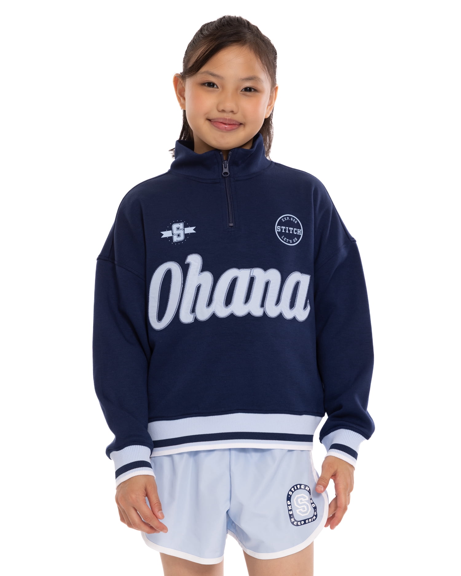 Stitch Girls' Quarter Zip Graphic Pullover Sweatshirt with Long Sleeves, Sizes 4-12