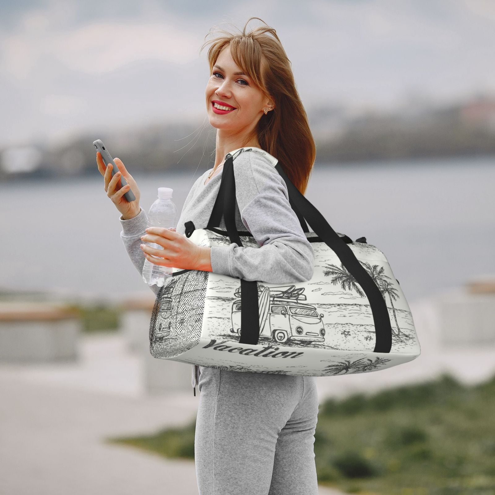 Fuzoiu Summer Vacation Scene With Camping Van Print Travel Duffle Bag,Carry On Tote Bags,Duffel Bag,Sport Gym Bag, Hospital Bag for Labor and Delivery, Overnight Bag,Luggage Bag