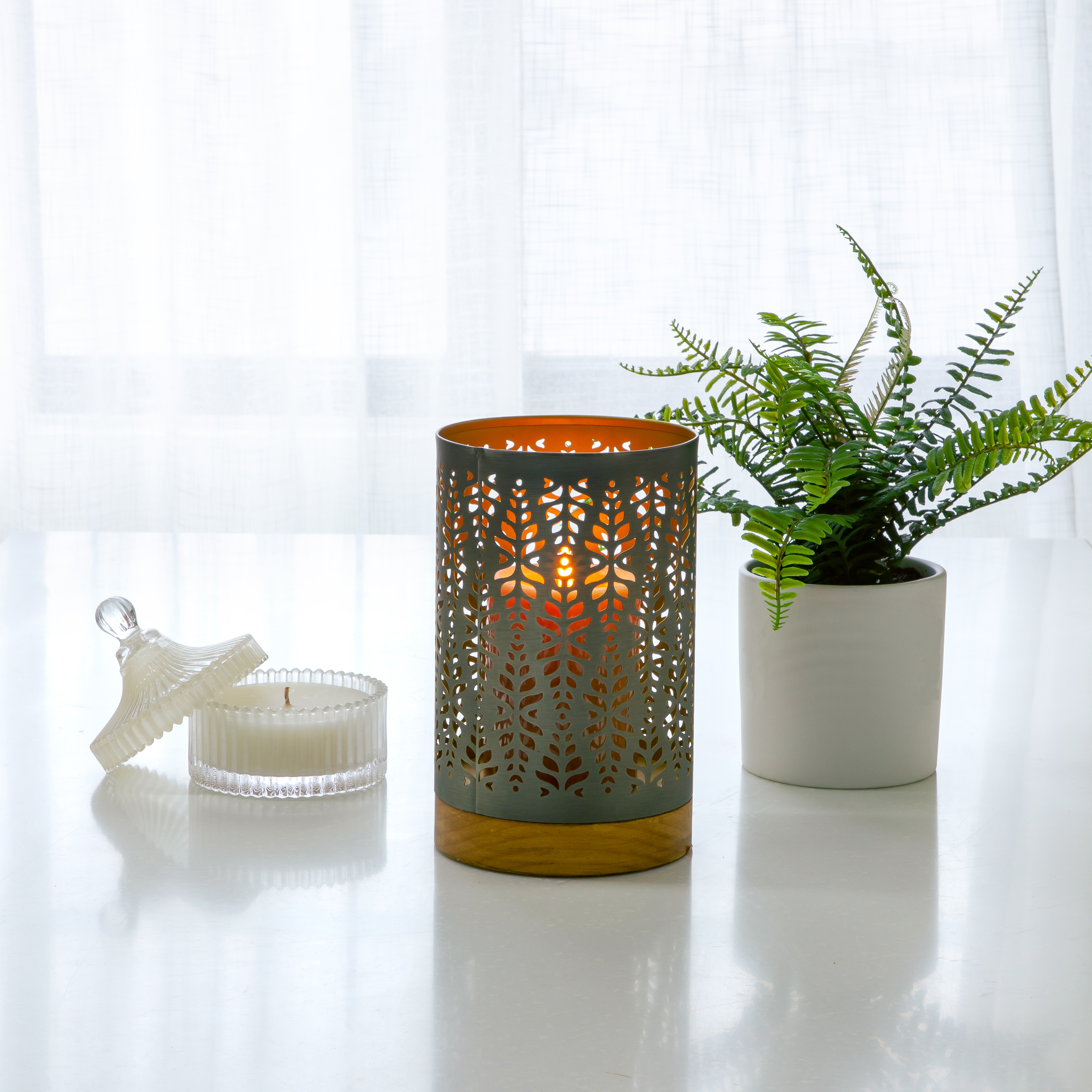 Better Homes & Gardens Brushed Metal & Brown Wood Medium Hurricane Candle Holder