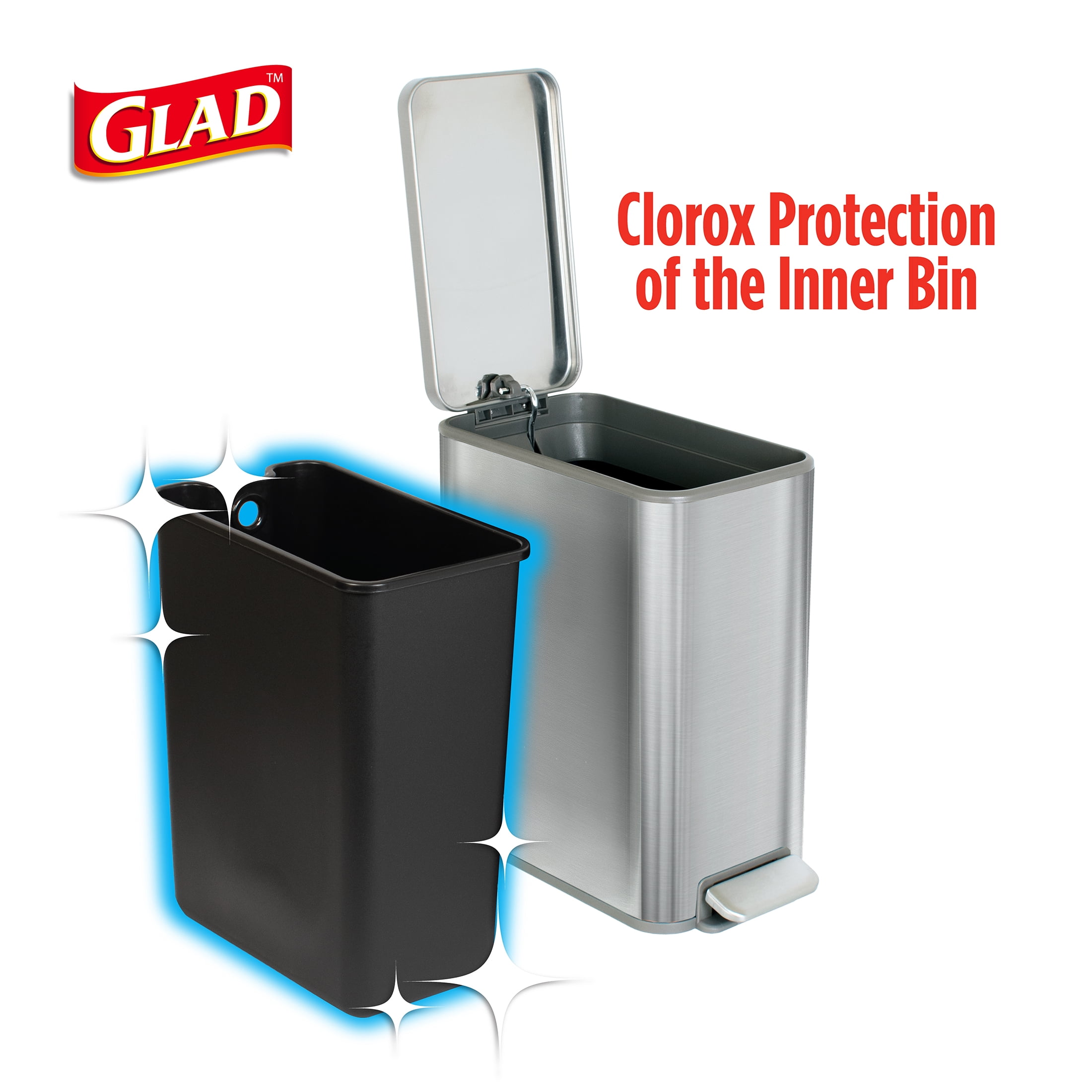 Glad 2.6 Gallon Slim Stainless Steel Step Garbage Bin with Odor Control- Silver