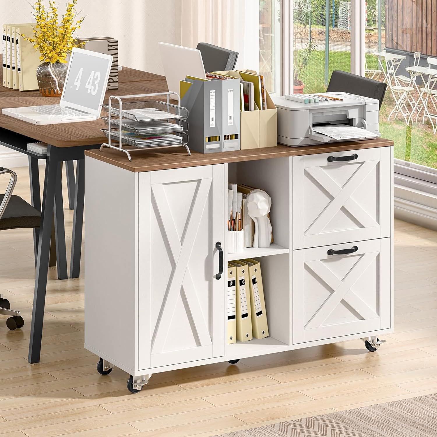 Vabches 2 Drawer Lateral File Cabinet,Mobile Wood office Cabinet for Home Office,Printer Stand with Open Storage Shelves.