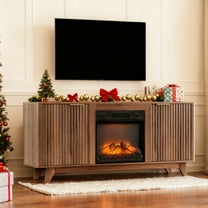 Zimtown 58" Modern Fluted TV Stand with Fireplace for 60/65" TVs, Entertainment Center with Electric Mantel  2 Doors Cabinet, Brown