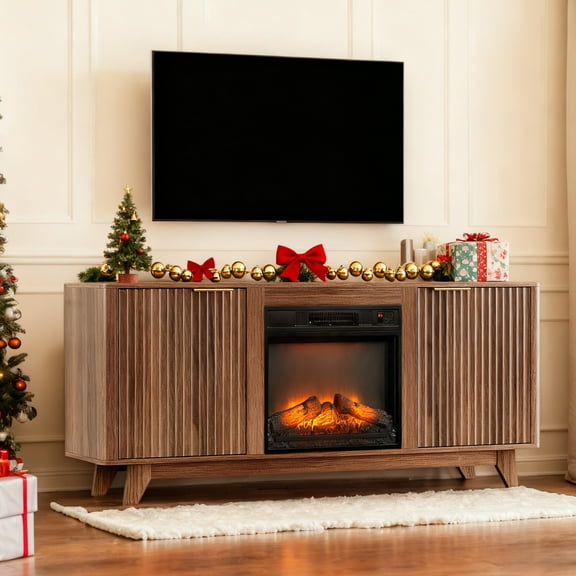 Zimtown 58" Modern Fluted TV Stand with Fireplace for 60/65" TVs, Entertainment Center with Electric Mantel  2 Doors Cabinet, Brown