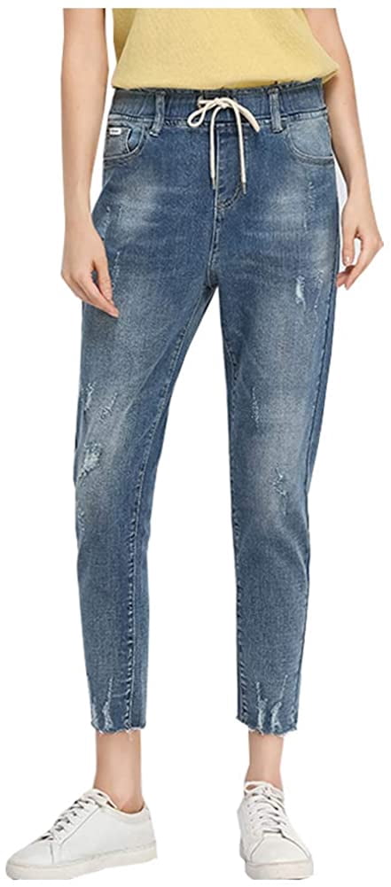 Women Pull on Distressed Denim Joggers 