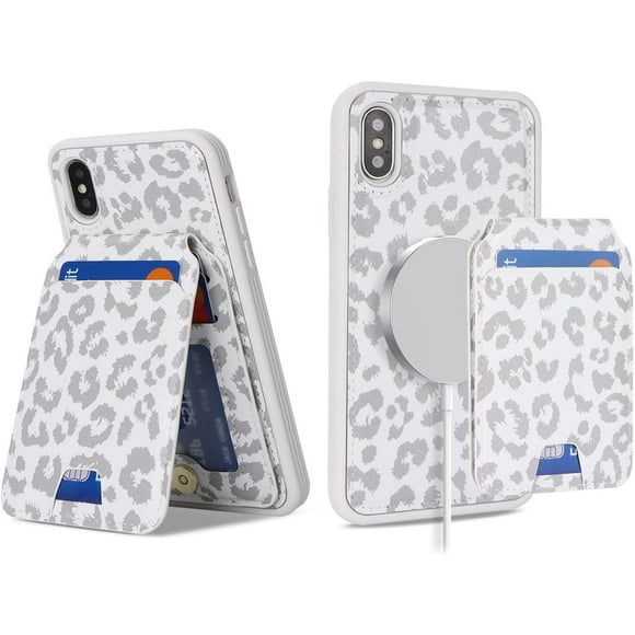 TRAHOO-Havaya etui for iPhone Xs Case with Card Holder iPhone X case Magsafe Compatible for Women iPhone 10 Phone Cover Detachable Magnetic Leather étui de téléphone Pour Femmes-White Leopard Print