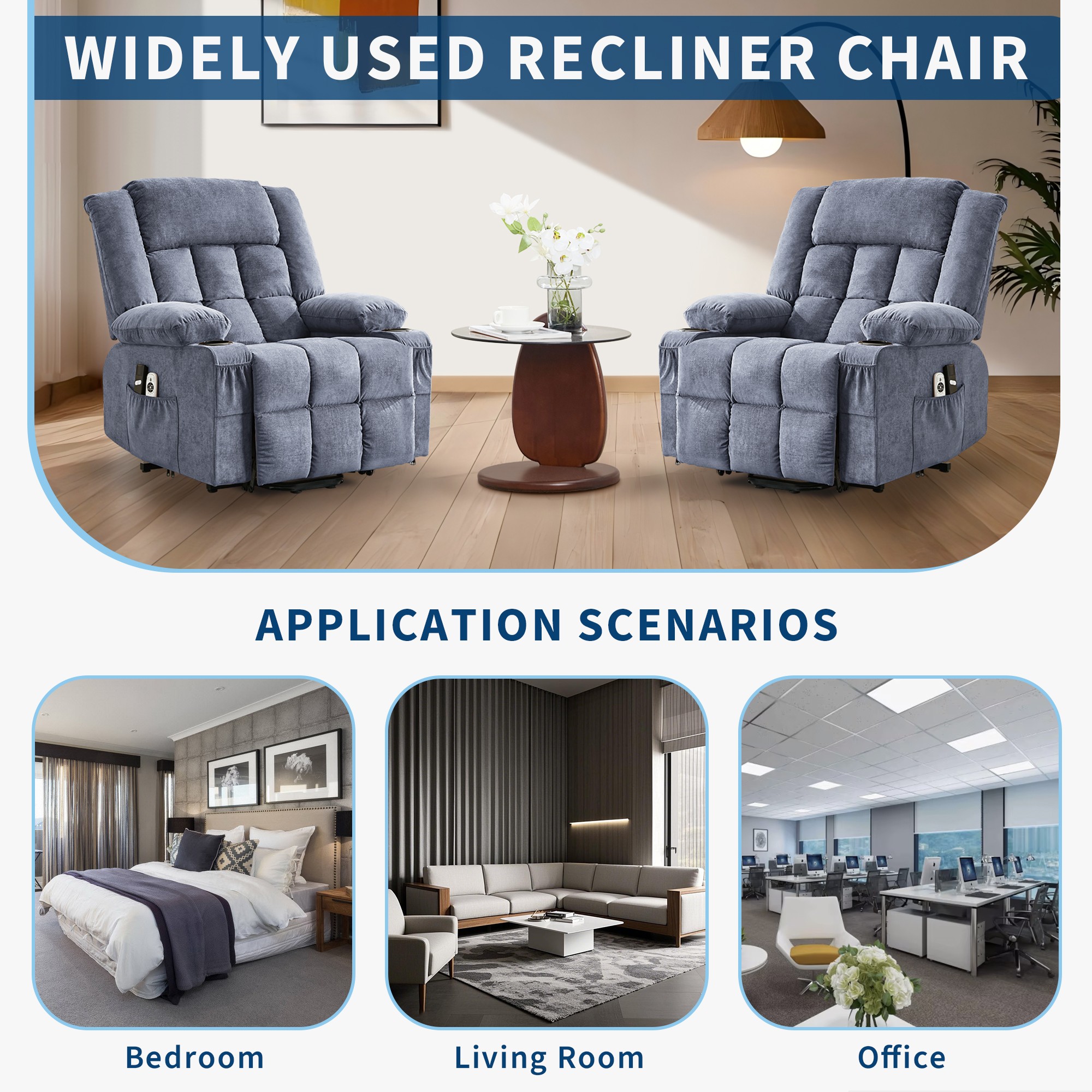 Power Lift Recliner Chair for Elderly – Oversized Wide Sofa with Heat, Vibration, Massage, 3 Positions, Remote Control, USB Charging, Cup Holders, Side Pockets, Ergonomic Living Room Chair, Blue