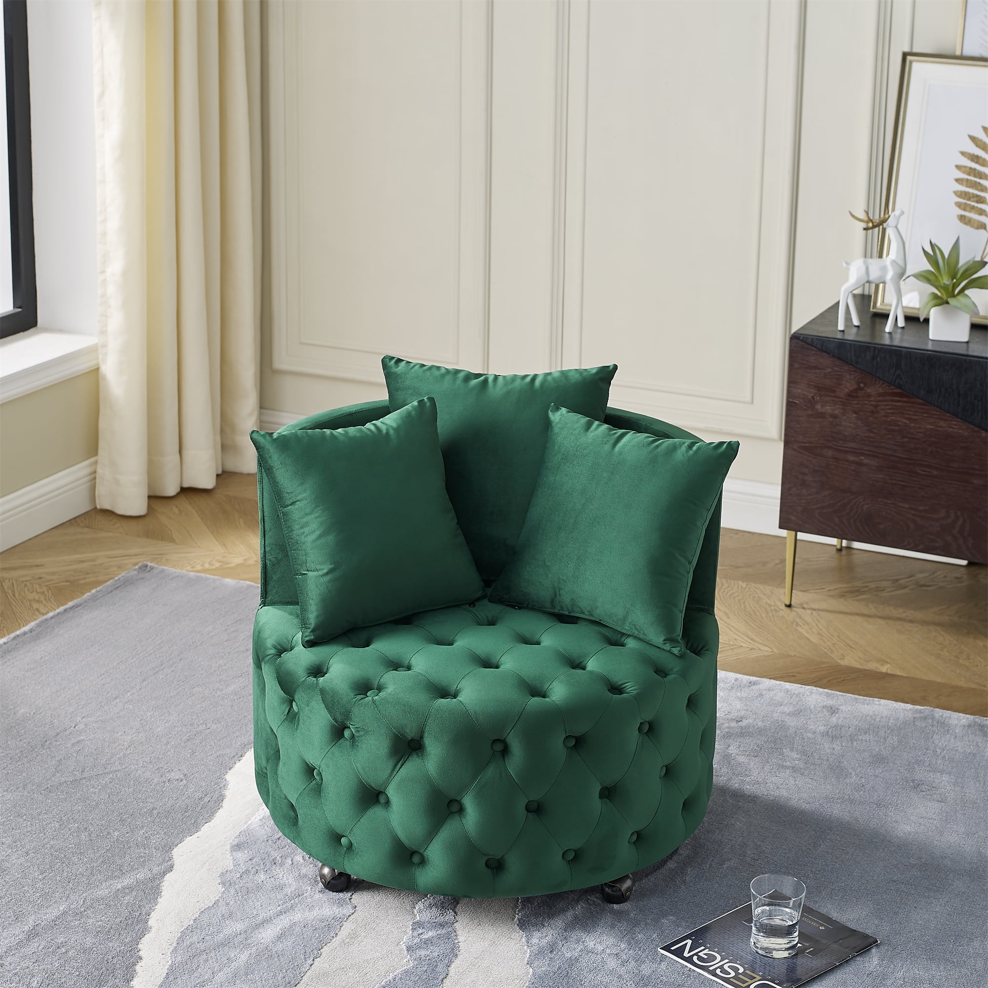Gewnee Swivel Chair,Green Velvet Modern Glam Accent Chair with Tufted Design & 3 Pillows Included, 250LBS Capacity for Home Office Living Room Bedroom