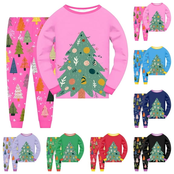 Ulanda Kids Christmas 2 Piece Outfits Toddler Boys Girls Cotton Xmas Graphic Clothing Set Fall Winter Thermal Pants Set (Pink, 8-9 Years)