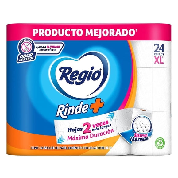 Papel higiénico Regio Rinde + 24 rollos con 132 hojas dobles c/u