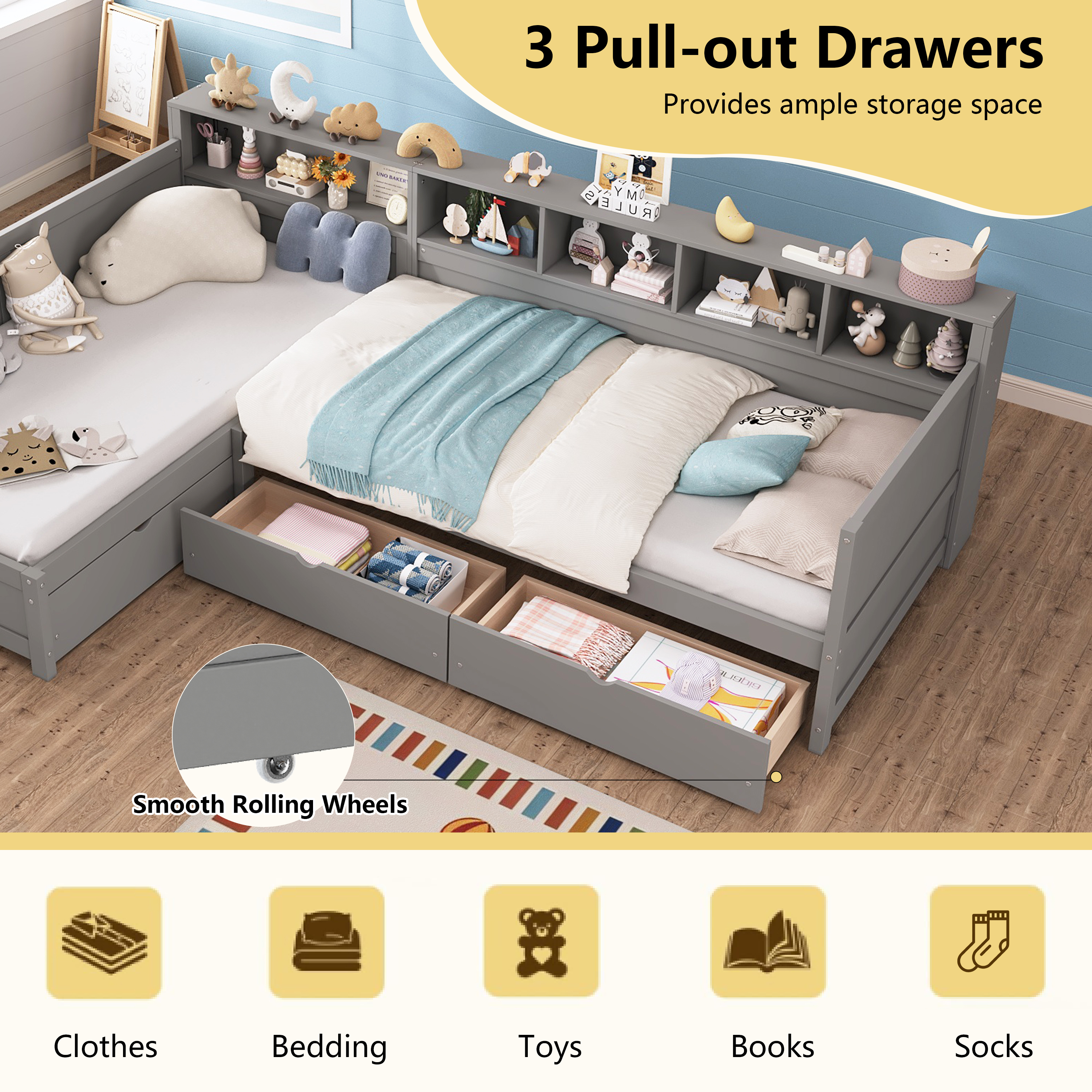 Euroco Wood Twin Size L Shaped Platform Bed with Drawers, Captain Bed with Shelves and Cabinets, 2 Beds in One, Grey