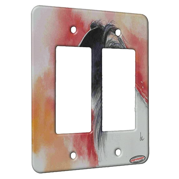 KuzmarK™ 2 Gang Rocker Wall Plate - Long Haired Black and White Whippet Sighthound Dog Art by Denise Every