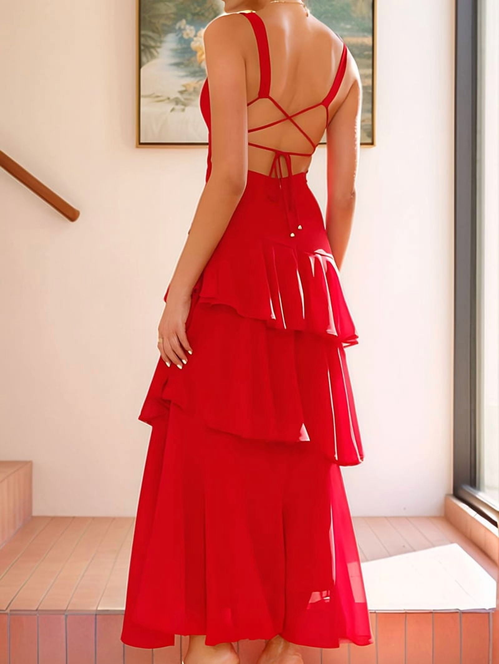 Tiered Chiffon Bridesmaid Dresses for Women Ruffle Formal Evening Dresses Long with Pleated Red M