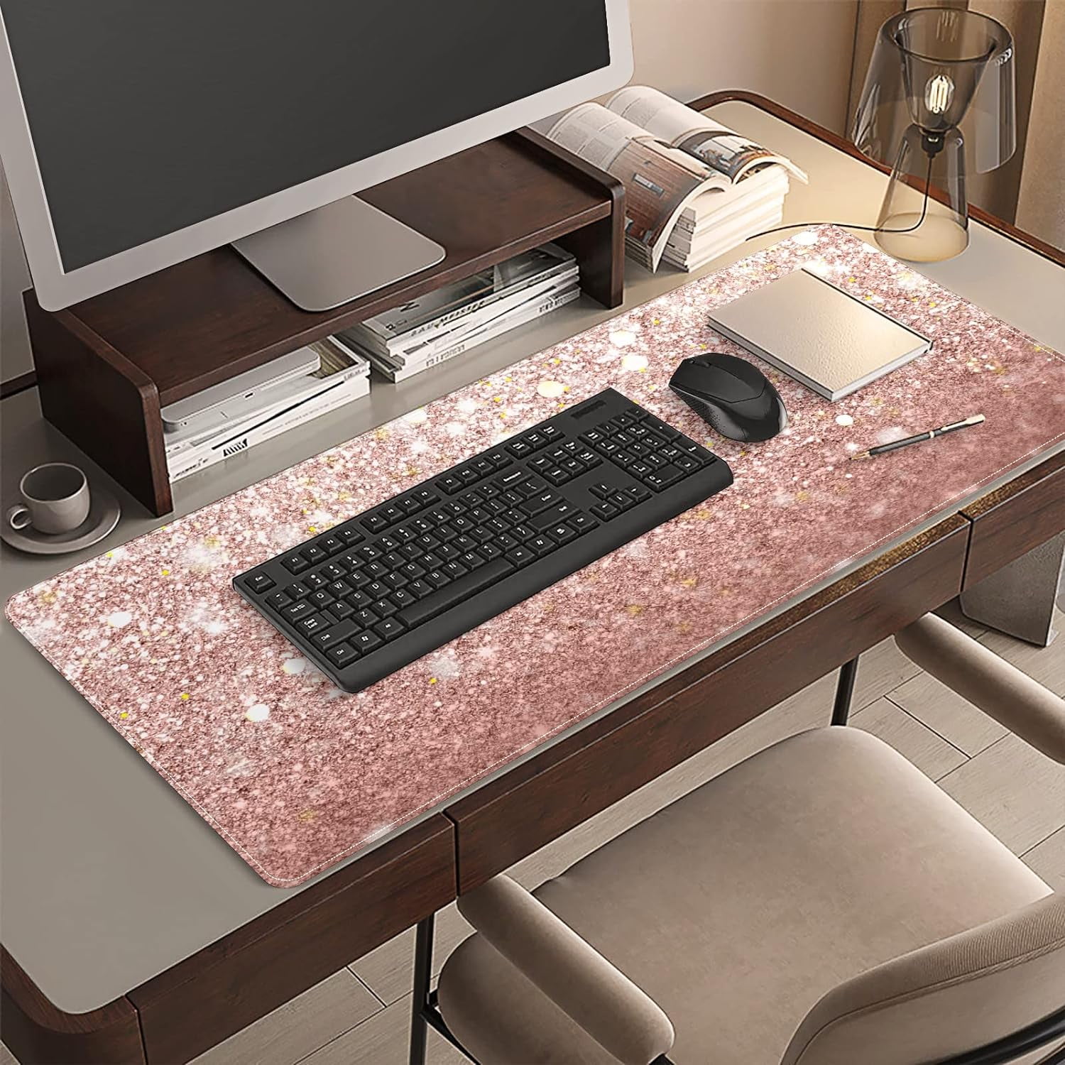 Rose Gold Glitter Desk Mat, Desk Accessory, Cute Workspace, Trendy Workspace, Trendy, 35.4x15.7in Large Gaming Mouse Pad, Cute Desk Topper, Pretty Desk Pad