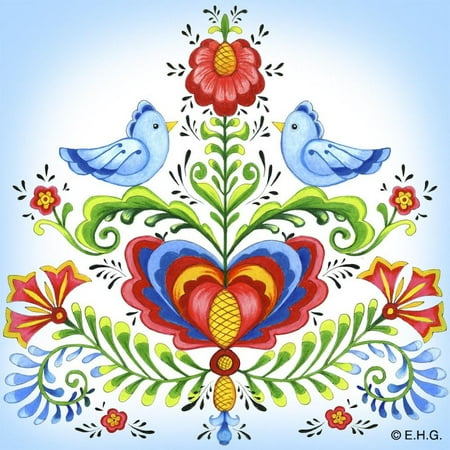 Rosemaling Design - Tile Magnet: Rosemaling & Lovebirds