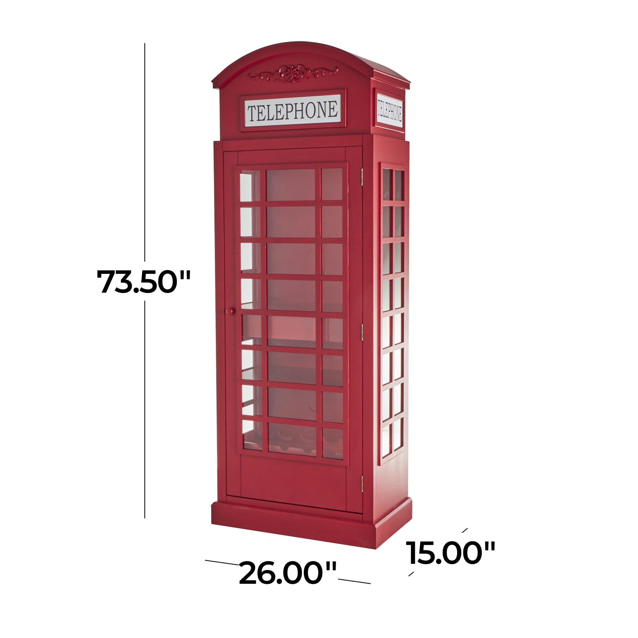 DecMode 26" x 74" Red Wooden 2 Shelf and 6 Bottle Vintage London Booth Telephone Standing Wine Rack, 1-Piece