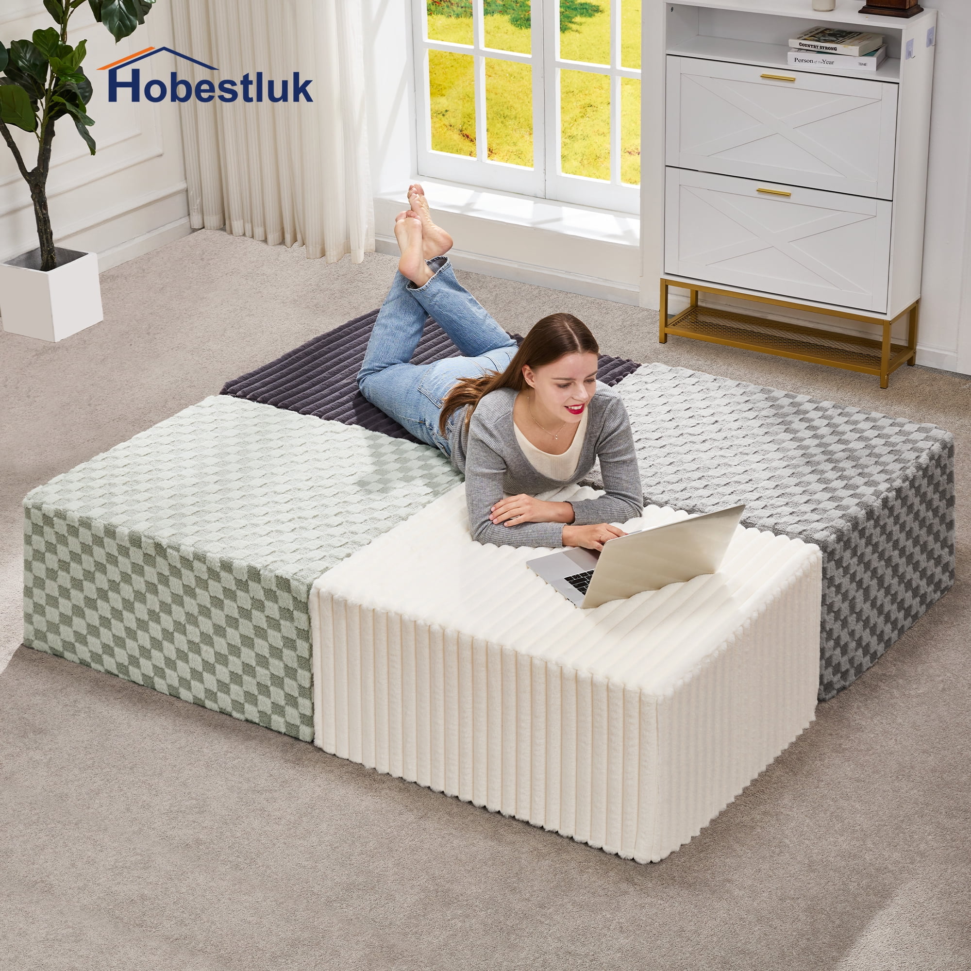 Hobestluk Rectangle Ottoman Memory Foam Footrest for Couch with Removable Cover Large Floor Seating for Adults Ottoman Coffee Table for Living Room, Bedroom or Office (PLUSH GREY, Footrest)