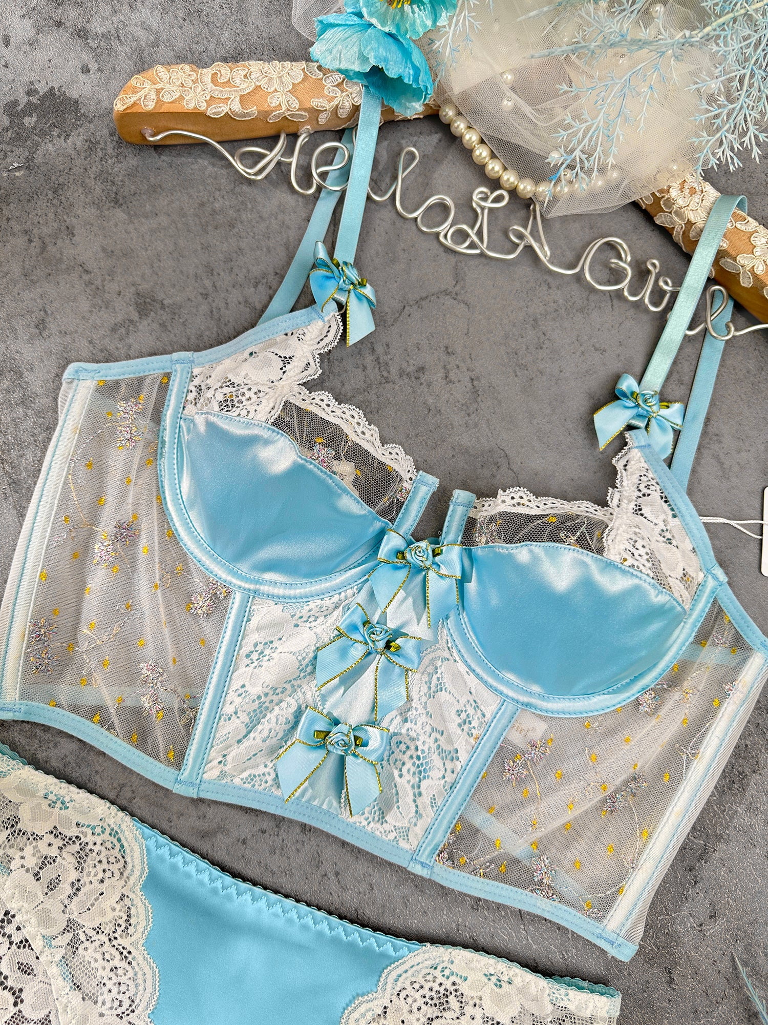 Baby Blue Satin Rosette Bow Lingerie Set (BLUE, 2XL)