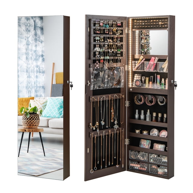 Gymax Wall Mounted Jewelry Armoire with Full-Length Mirror and 3-Color Lights, Brown