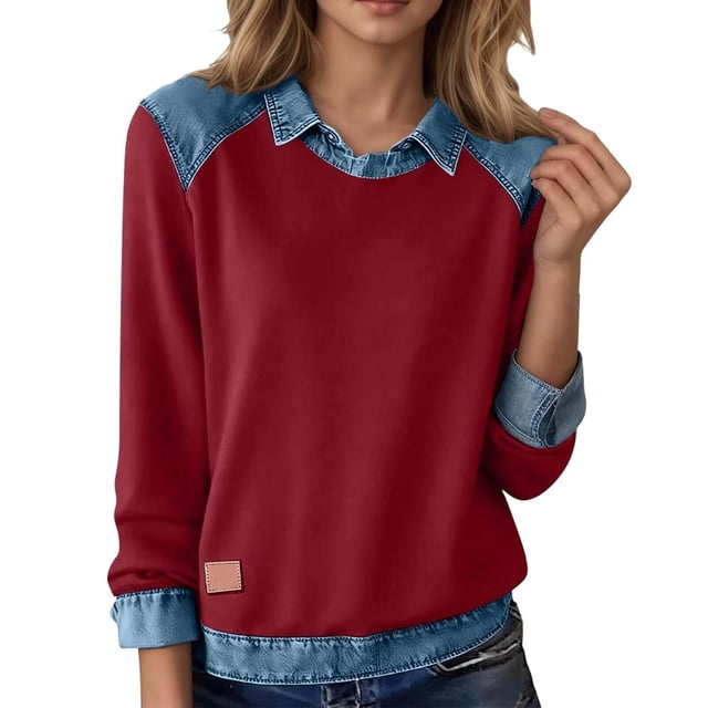 Camisas de manga larga for mujer, cuello de mezclilla, costura de retales, sudadera, Tops casuales, jersey
