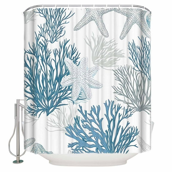 Small Stall Shower Curtain 36x72 Inch Narrow Half Size Starfish Coastal Bath Curtains Bathroom Decor Nautical Ocean Summer Beach Coral Waterproof Fabric Shower Curtain Set with Hooks 36 Inch