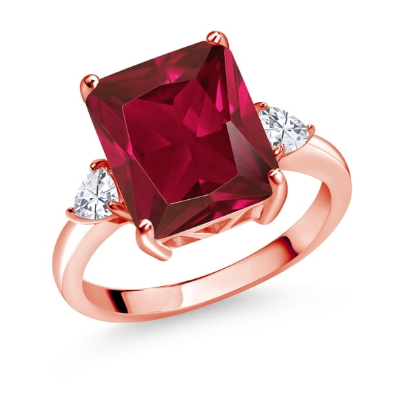 Gem Stone King 18K Rose Gold Plated Silver 3-Stone Ring Octagon Red Created Ruby and Moissanite (6.02 Cttw, Size 5)