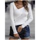 thumbnail image 3 of Suéter ajustado con cuello bajo, suéter de manga larga de color sólido para mujer, para la vida diaria, blanco S, 3 of 7
