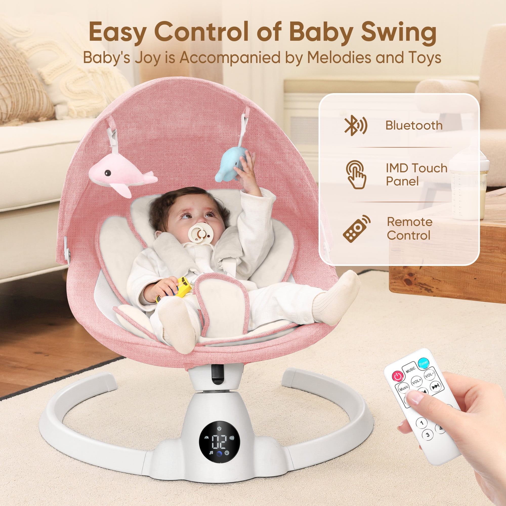 Babyeap Baby Swing for Infants - Smart Electric Swing with Bluetooth Control 5-point Harness,5 Sway Speed,10 Lullabies(Pink)