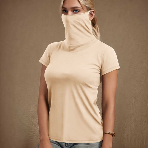Xdegoge Women's Sun Protection T-Shirt with Built-in Face Mask Short Sleeve Slim Fit Quick-Dry Performance Tee Cooling Gaiter Top for Hiking & Running