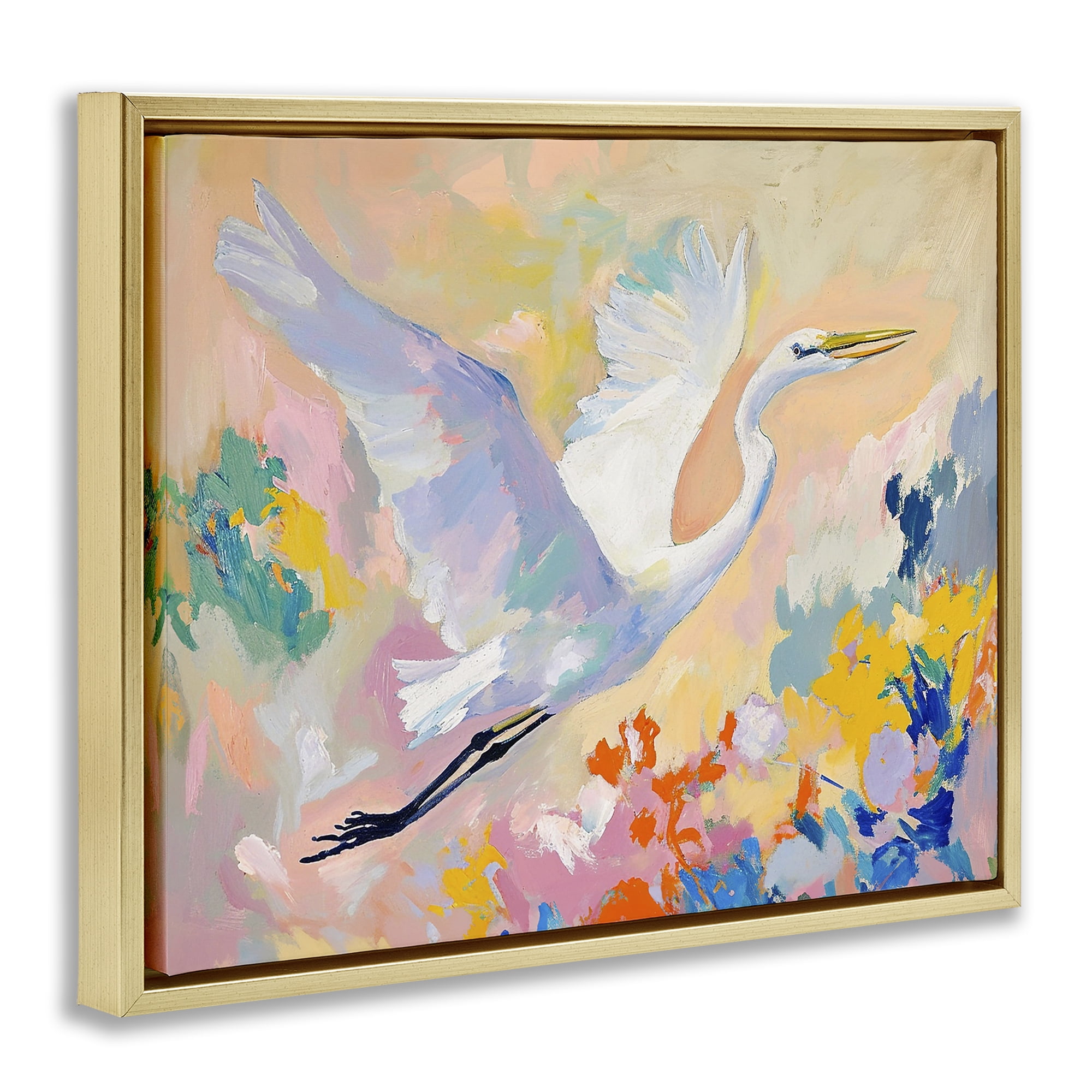 Stupell Industries Heron & Abstract Botanicals Animals & Insects Painting Gold Floater Framed Canvas Art Print Wall Art, 31 x 25