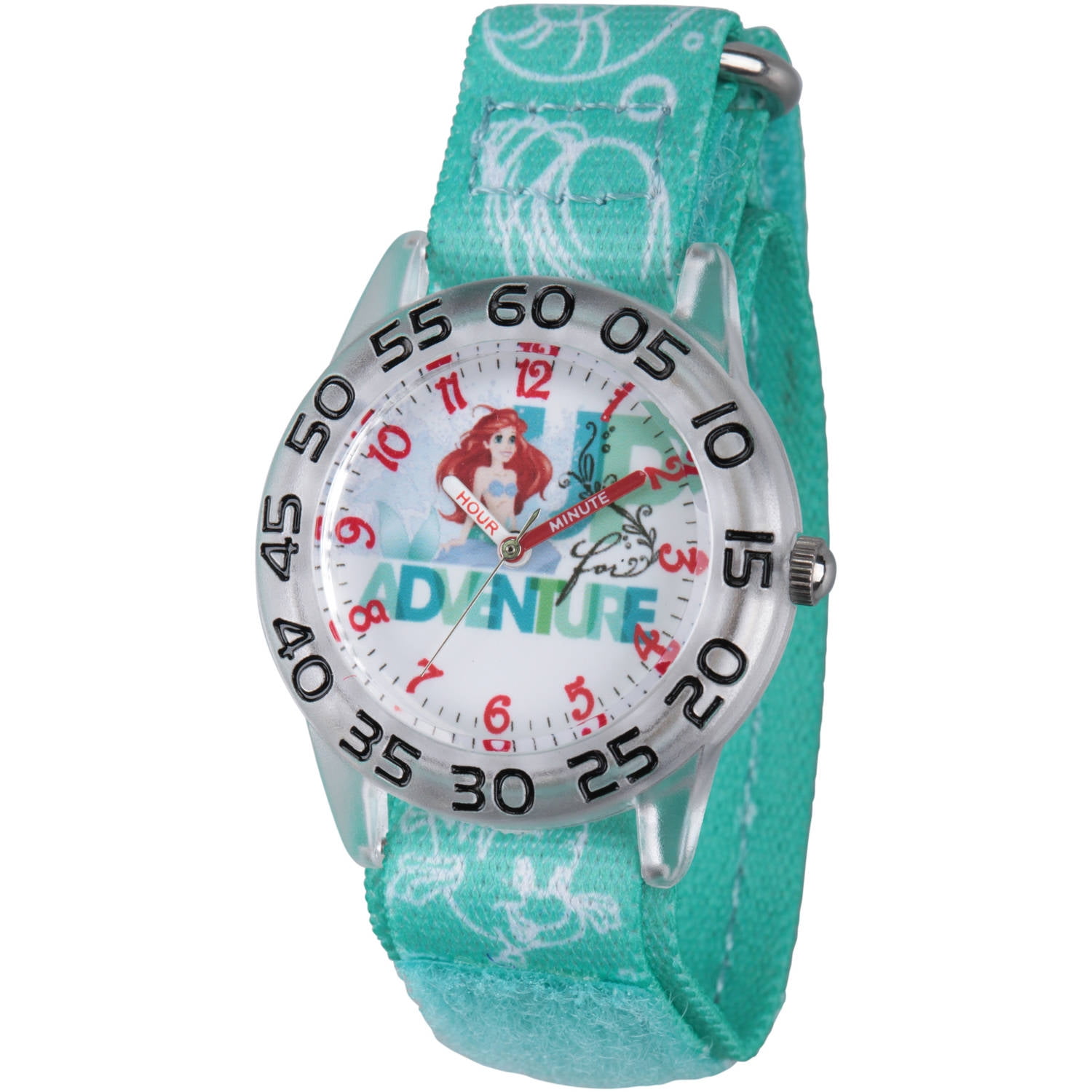 Princess Ariel Girls' Clear Plastic Time Teacher Watch, Green Hook and Loop Stretch Nylon Strap