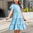 thumbnail image 4 of Miluxas Girls Dresses Summer Ruffle Sleeve Solid Color V Neck Twirl Birthday Party Midi Dress Light Blue 5 Years(120), 4 of 9