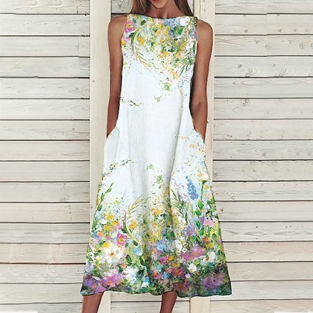 ICHUANYI Clearance Fashion Women Summer Casual Print Pocket Sleeveless Loose Long Dress(Green, XL) ICHUANYI WER2023081010731