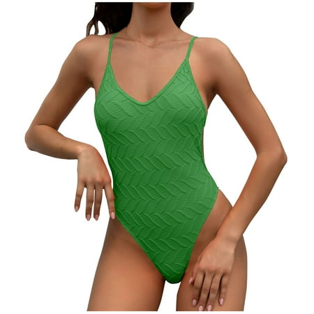 TrendVibe365 Bathing Suit for Women One-Piece Green Thong Crossed Straps Solid Swimwear Beachwear L