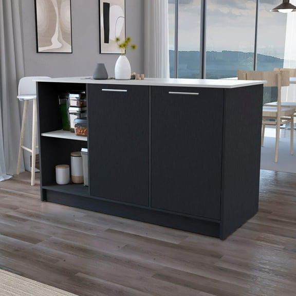 Large Black And Kitchen Island With Inner Shelves For Storage Rectangular Double Door Open Shelf Space