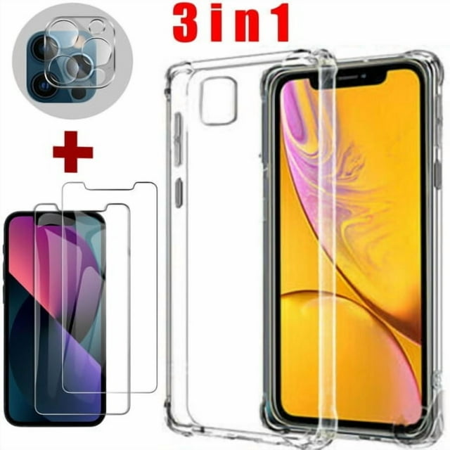 4 in 1 Case for iPhone 11 6.1-Inch, with 2-Pack Screen Protector and 1-Pack Camera Lens Protector, Non-Yellowing, Full Coverage Tempered Glass Film, Shockproof Bumper Phone Cover