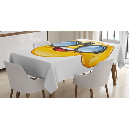 Emoji Tablecloth, Smiley Face with a Telescope Binoculars Glasses Watching Outside Cartoon Print, Rectangular Table Cover for Dining Room Kitchen, 60 X 84 Inches, Yellow and Blue, by Ambesonne