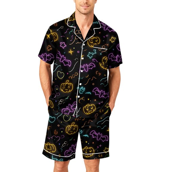 Pumpkin Pajamas Men Matching Halloween Pajamas Halloween Pjs Halloween Pajamas Men Cute Halloween Pajamas for Men Men 2 Piece Halloween Pajamas Outfits Pumpkin Print Short Sleeve, Black, L