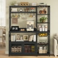 thumbnail image 3 of Bakers Rack with Power Outlet and LED Light, Coffee Bar with Coffee Pod Holder, Kitchen Microwave Stand with Storage Shelves, Cabinet, Wire Basket, 8 Hooks, Classic Black, 3 of 7
