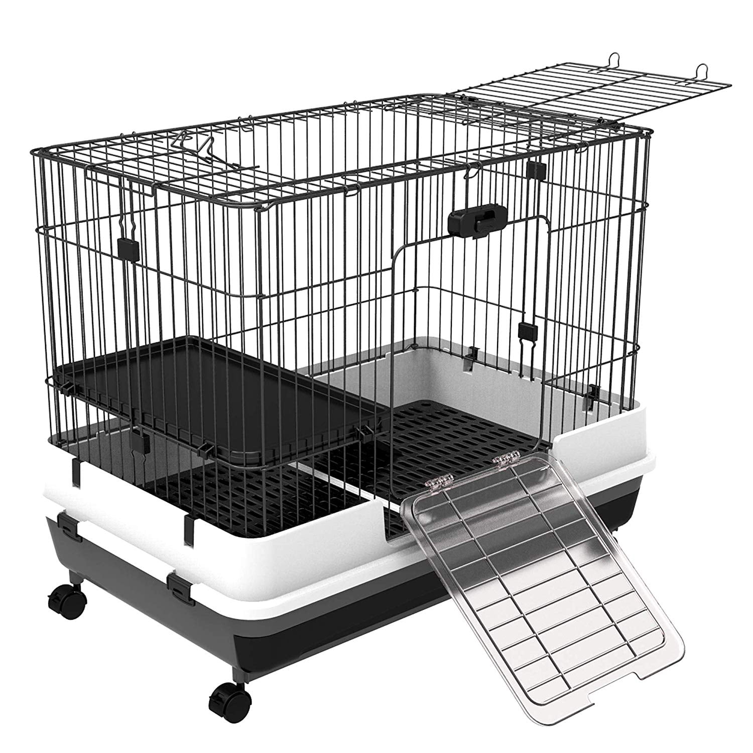32" Large 2-Tiers Animal Pet Cage for Guinea Pig Ferret Chinchilla Cat Playpen Rabbit Hutch with Solid Platform & Ramp Removable Washable Bottom Tray Large Access Doors Lockable Casters
