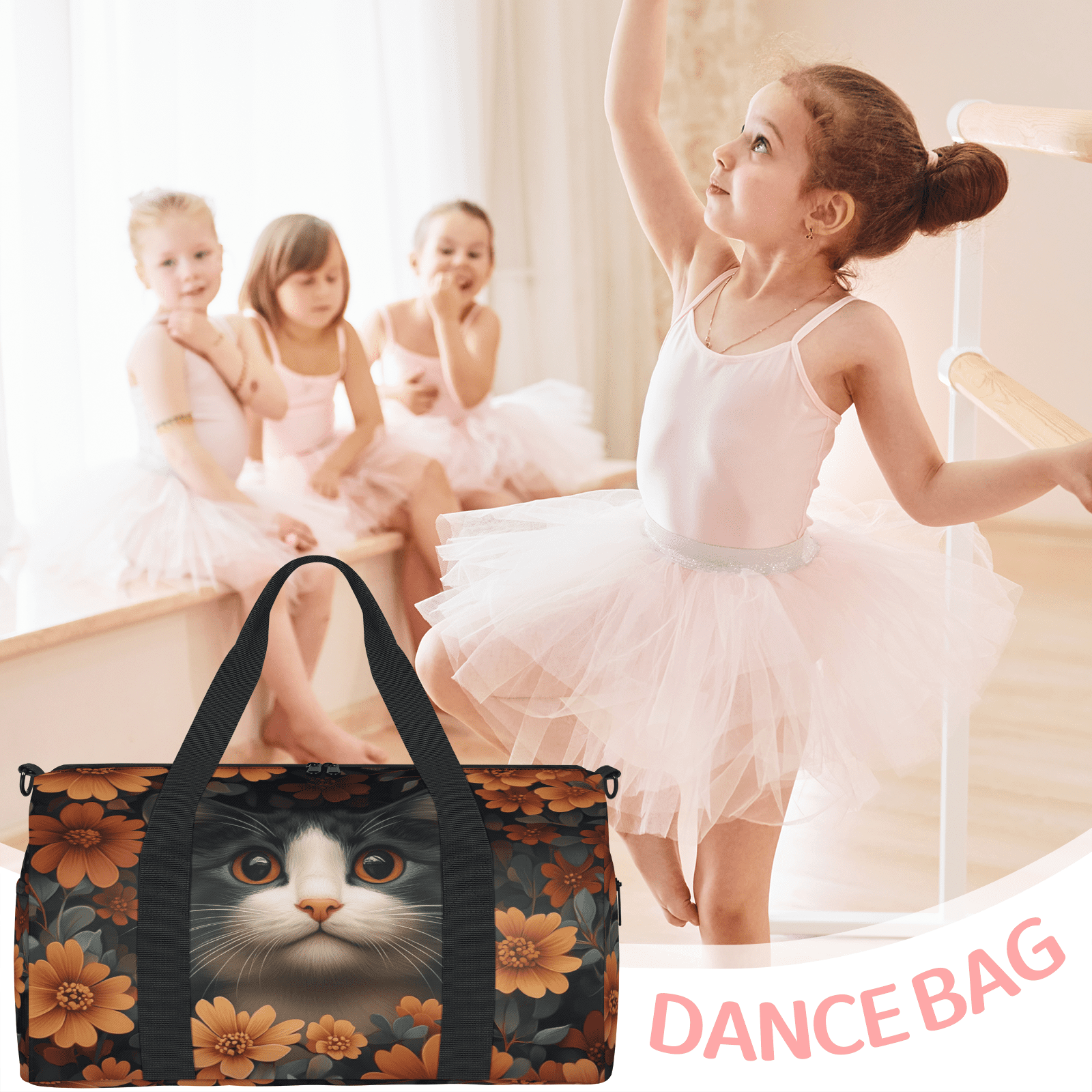 Herdesigns Cat Gym Bag for Women, Flower Cat Duffle Bag for Travel Sport, Lightweight Waterproof Carry on Weekender Overnight Dance Yoga Workout Bags
