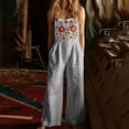 thumbnail image 2 of Women's Boho Jumpsuit Embroidered Floral Romper Square Neck Sleeveless Wide Leg Jumpsuit with Pockets Casual Linen Blend Outfit for Women, Gray, M, 2 of 6