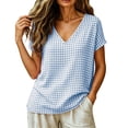 thumbnail image 6 of Achuyrbd Women's Gingham V-Neck T-Shirt, Casual Loose Short Sleeve Plaid Blouse, S-2XL ,Light Blue, 6 of 8