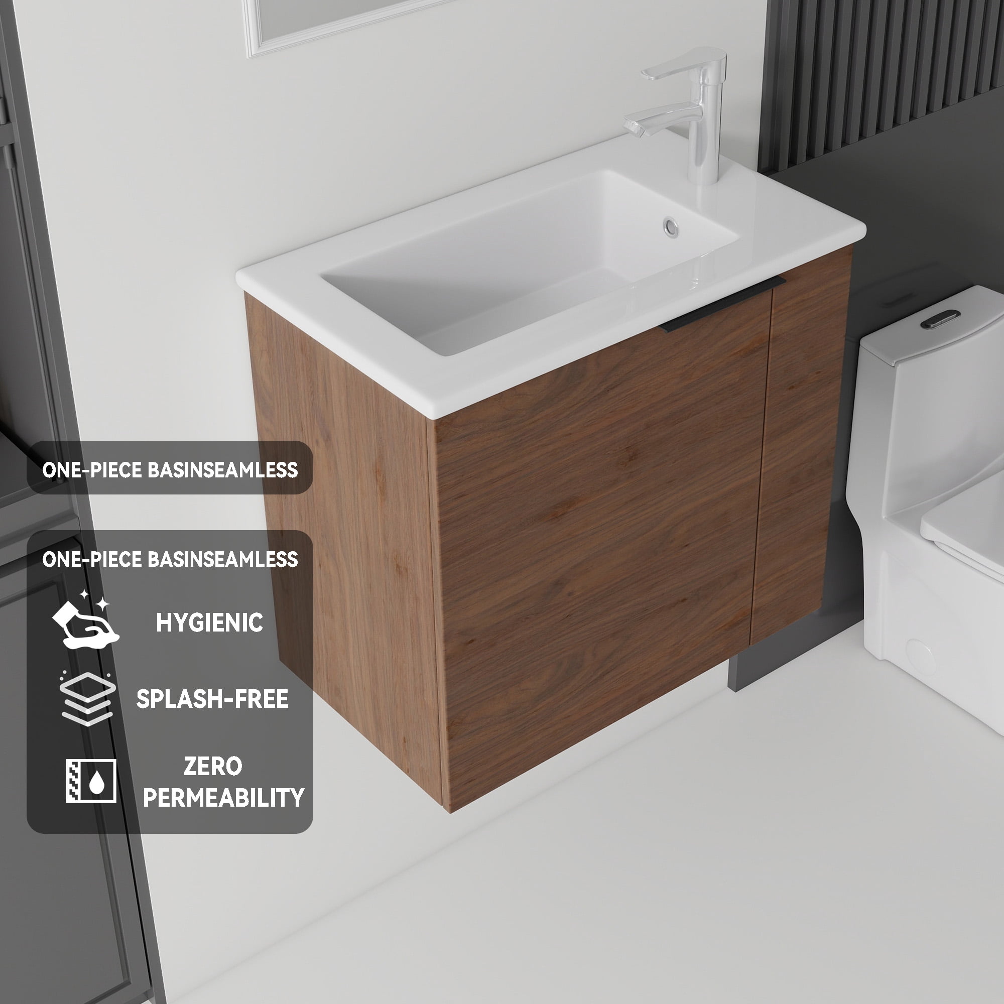 Leumius 22" Floating Bathroom Vanity with Ceramic Sink & Soft-Close Doors,Wall-Mounted Vanity for Small Space,Bathroom,Brown