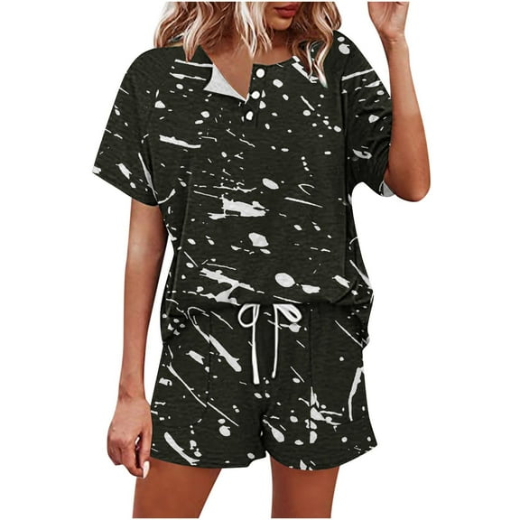 cfhntfmh 2 Piece Outfits for Women Summer Trendy Print Round Neck Buttons Tops Baggy Pocketed Shorts Loungewear Sets