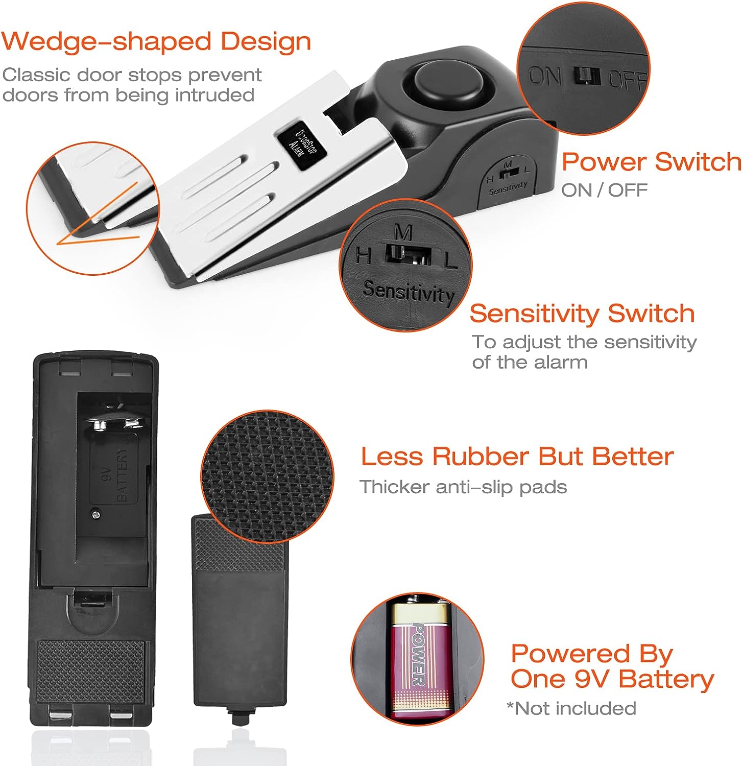 2 Pack Door Alarms for Home Security, Intruder Alert, Floor Wedge Siren Door Stop Alarm for Traveling Hotel (Black )