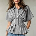 thumbnail image 3 of TGSLY Women's Peplum Striped Shirts Lightweight Thin Collared Button Down Blouses Dressy Casual Batwing Short Sleeve Pleated Waist Tops XL, 3 of 6