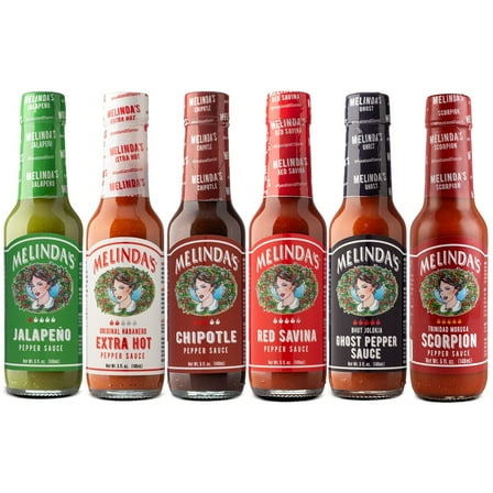 Melinda’s Pepper Sauce Challenge Collection - Extra Spicy Gourmet Hot Sauce Gift Set with Variety of Chile Peppers - Includes Jalapeño, Extra Hot Habanero, Chipotle, Red Savina, Ghost, Scorpion- 5 oz,